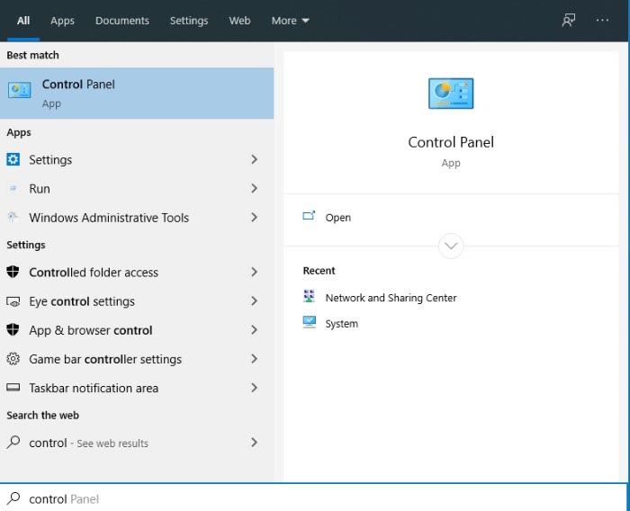 Capture d’écran d’une recherche depuis la barre des tâches de Windows qui affiche les résultats pour « Panneau de configuration ».