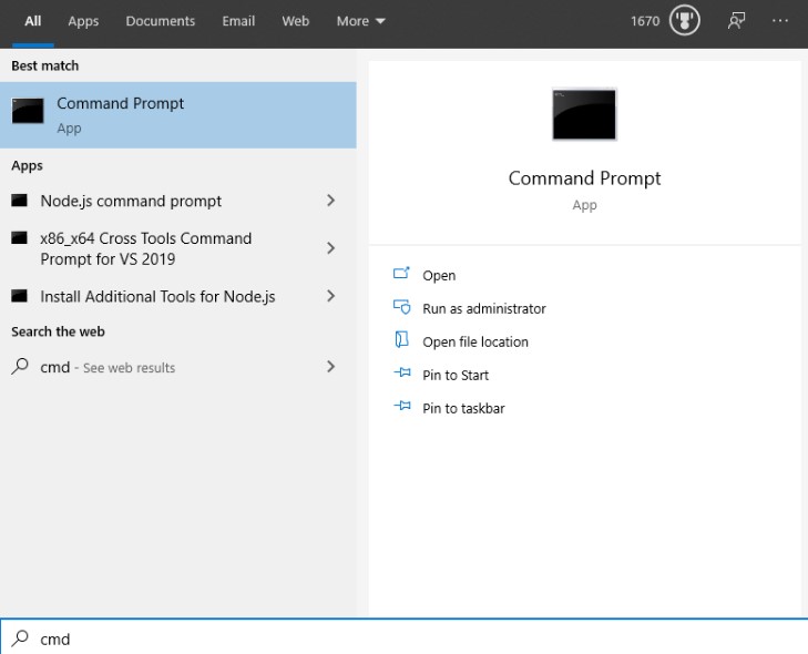 Capture d’écran d’un résultat de recherche depuis la barre des tâches de Windows pour « CMD ».