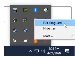 Captura de pantalla de la barra de herramientas de Windows en la que se ha hecho clic derecho con el cursor por encima de un texto que dice "Salir de Vanguard".