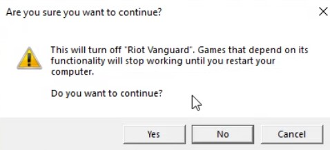 Captura de pantalla de una ventana emergente de Windows en la que confirmas que quieres proceder con la desactivación de Riot Vanguard.