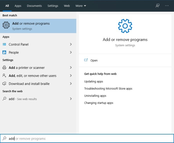Captura de pantalla de la ventana "Agregar o quitar programas" de Windows.