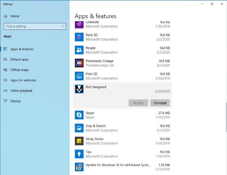 Captura de pantalla del menú "Aplicaciones y características" de Windows en el que los jugadores pueden desinstalar Riot Vanguard.