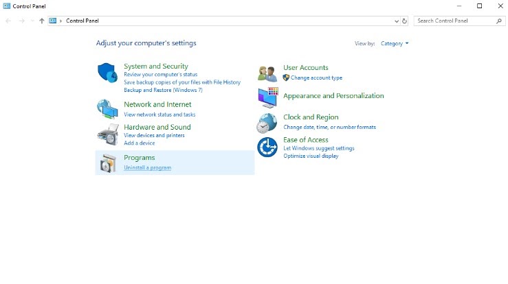 Captura de pantalla del panel de control de Windows con "Programas" resaltado.