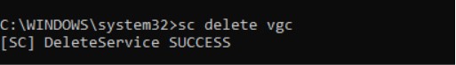 Captura de pantalla con el símbolo del sistema de Windows que muestra resultados para el comando "sc delete vgc".