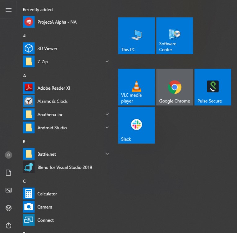 Captura de pantalla del menú de inicio de Windows.