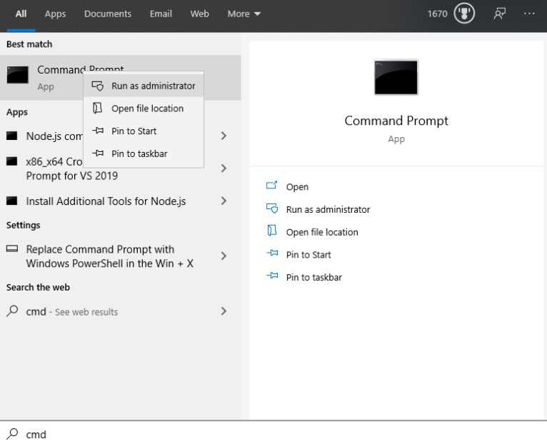ภาพหน้าจอของการค้นหาในแถบงานบนเดสก์ท็อปของ Windows ที่แสดงการค้นหา "CMD" พร้อมผลการค้นหา "Command Prompt" ที่กดคลิกขวาไว้และไฮไลท์ในส่วนของ "Run as asminstrator"