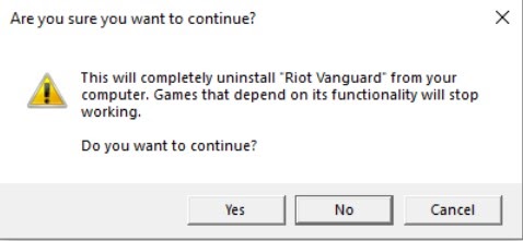 畫面截圖：展示Windows彈出視窗，請使用者確認是否要繼續解除安裝 Riot Vanguard。